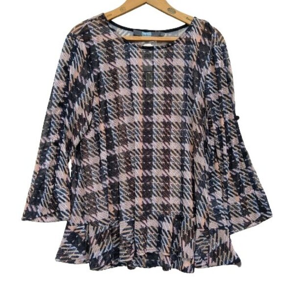 Eva Franco Anthropologie Belinda Top Size L NWT Plaid Mesh Ruffle Bell Sleeve - Picture 1 of 9